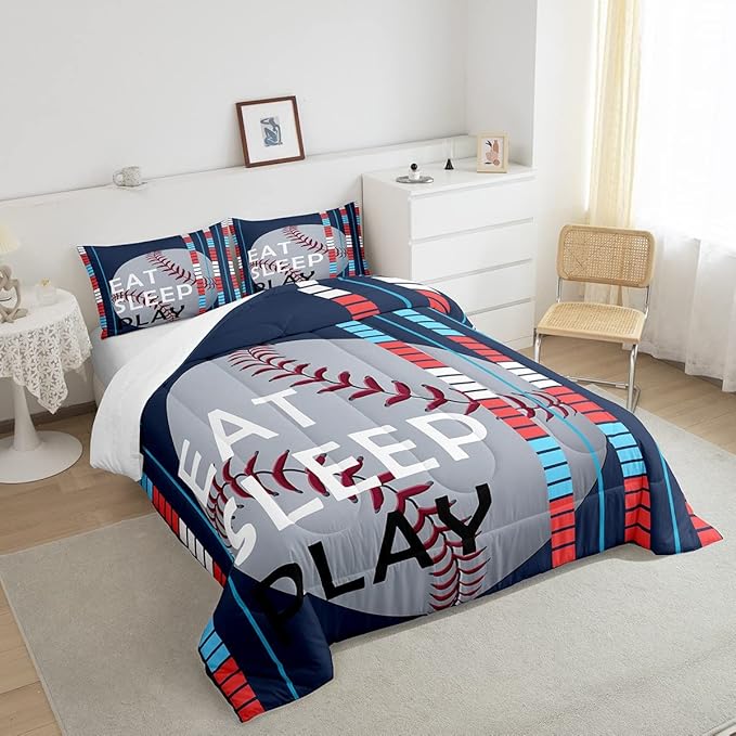 Baseball Comforter Set Sports Game Bedding Set for Boys Girls Baseball Gaming Blue Stripe Comforter Gift for Baseball Softball Lover Room Decor Full Size Quilt Boys