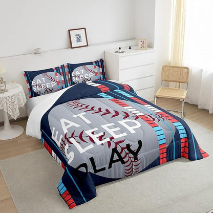 Feelyou Baseball Comforter Set Sports Game Bedding Set for Boys Girls Baseball Gaming Blue Stripe Comforter Gift for Baseball Softball Lover Room Decor King Size Quilt Boys
