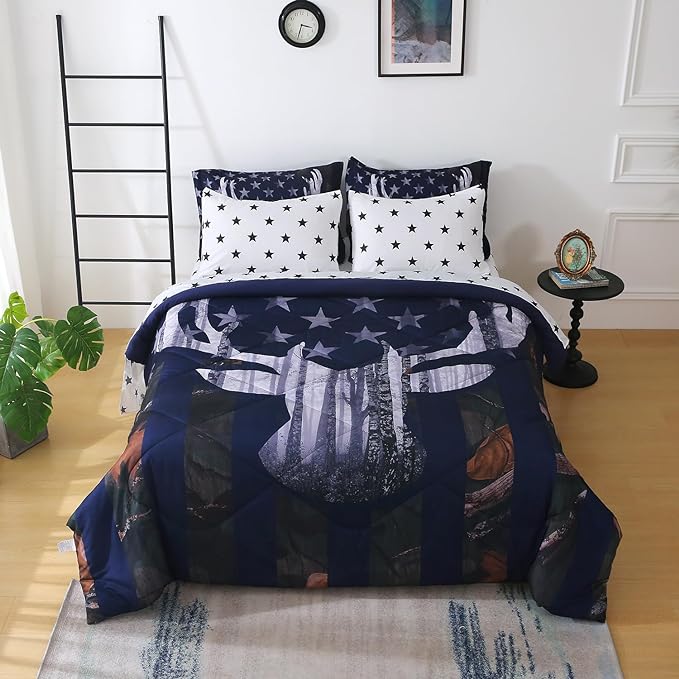 Camo Deer Comforter Set Twin Size 7 Piece Bed in A Bag Camouflage American Flag Bedding Set for Boys Kids Teens Men Super Soft All Season