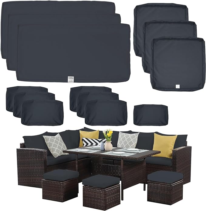 ClawsCover 13Pack Outdoor Seat and Back Cushions Replacement Covers Fit for 7Pieces Wicker Rattan Patio Furniture Set Sectional Couch with Dining Table and Ottoman,Dark Gray-Include Cover Only