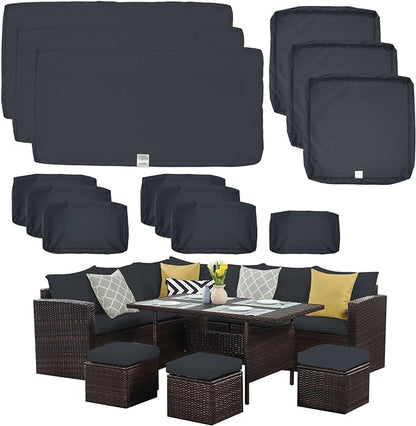 ClawsCover 13Pack Outdoor Seat and Back Cushions Replacement Covers Fit for 7Pieces Wicker Rattan Patio Furniture Set Sectional Couch with Dining Table and Ottoman,Dark Gray-Include Cover Only