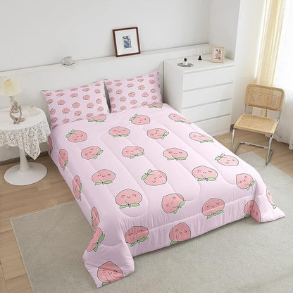 Cartoon Comforter Set King Size Pink Peach Bedding Set Kid Kawaii Down Comforter Girl Lovely Peach Duvet Set Cute Fruits Comforter Tropical Plant Bedding Reversible Soft Lightweight Room Decor