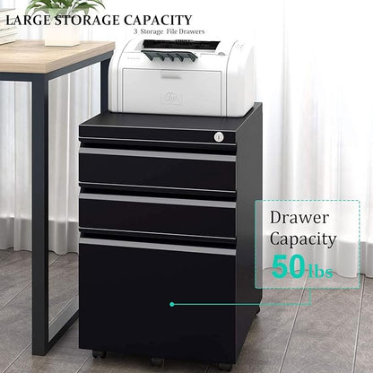 3-Drawer Mobile File Cabinets Rolling Metal Filing Cabinet for Legal & Letter File Anti-tilt Design with Lock Under Desk Office Drawers Fully Assembled Except Casters Black