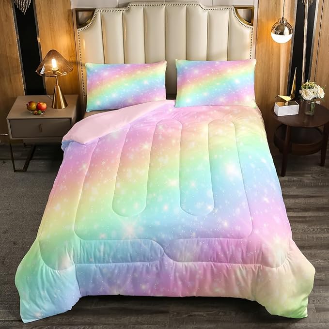 Erosebridal Rainbow Bedding Set For Kids Girls Teens Women Tie Dye Pastel Comforter Set Queen Size Golden Stars Glitter Bedding Comforter Set Watercolor Art Girly Quilt Set Sweet Bedroom Decor 3 Piece
