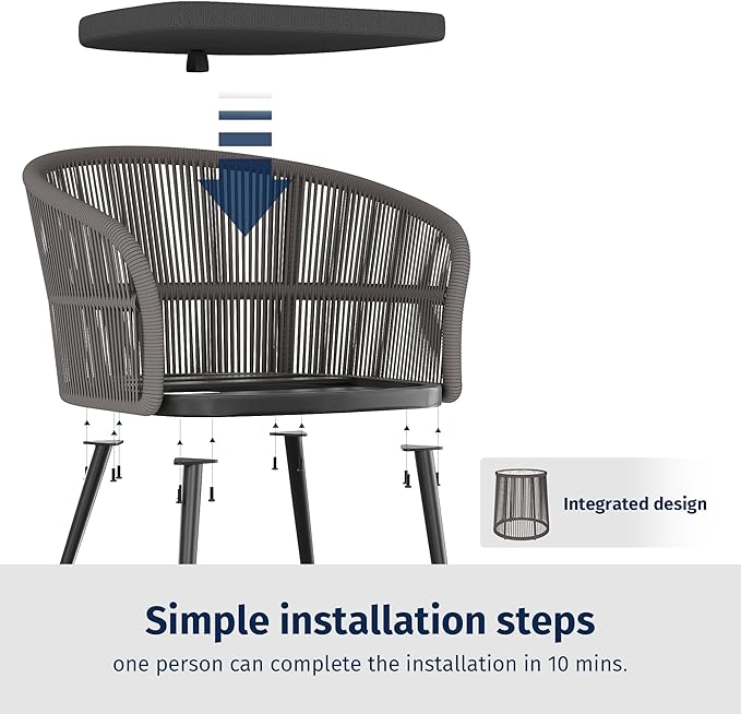 EAST OAK 3-Piece Patio Bistro Set, Patio Conversation Bistro Set with 2 Wide Ergonomic Chairs, Cushions & Glass Top Side Table, Outdoor All-Weather Wicker Furniture for Porch, Gray & Dark Gray