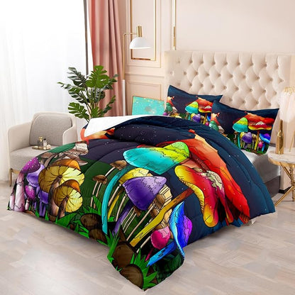 Mushroom Comforter Set Queen Size, Cute Mushroom Patterns Bedding Set for Boys Bedroom, Girls Ultra Soft Comforter Set Queen Size, Colorful Mushroom Comforter for All Season 3Pcs with Pillowcases