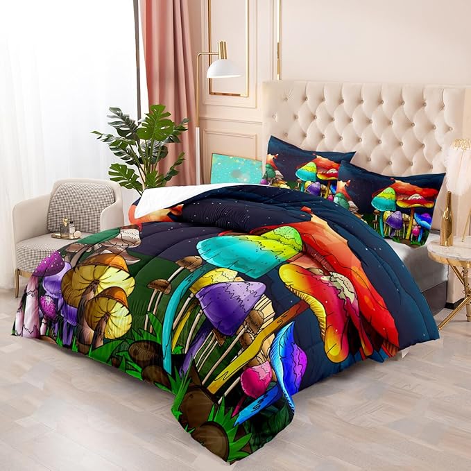 Mushroom Bedding Set Full Girls Ultra Soft Full Size Comforter Set for Boys Cute Cartoon Mushroom Comforter Set for Kids Teens Colorful Mushroom Microfiber Quilt for All Season 3Pcs with Pillowcases