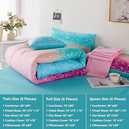 PERFEMET Queen Comforter Set with Sheets, 6 Pieces Tie Dye Rainbow Girls Bedding Set, Gradient Glitter Colorful Ombre Bed in A Bag (Aqua Teal Purple, Queen)
