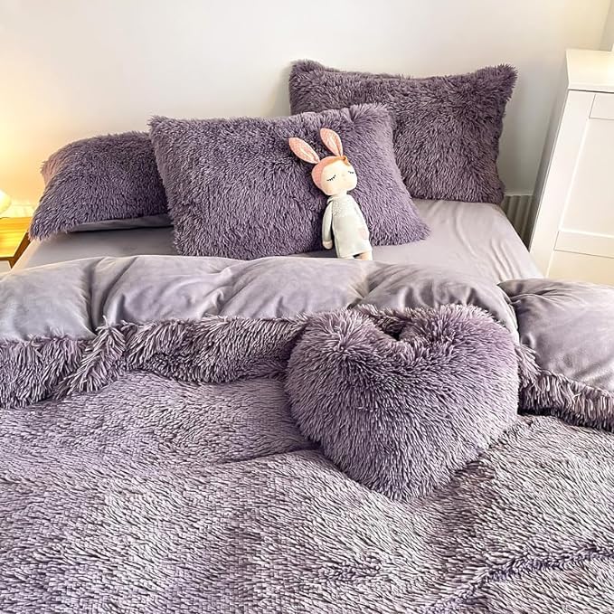 Faux Fur Kid Girls Purple Comforter Sets Twin/Full - 3PC Bed Set Warm Comfortable Soft Plush Flannel Velvet Fluffy Fuzzy Bedding（Comforter x 1 Pillowcases x 2）