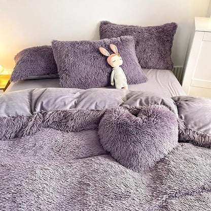 Faux Fur Kid Girls Purple Comforter Sets Twin/Full - 3PC Bed Set Warm Comfortable Soft Plush Flannel Velvet Fluffy Fuzzy Bedding（Comforter x 1 Pillowcases x 2）