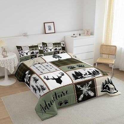 Rustic Farmhouse Kids Comforter Set Queen Size,Deer Antlers Bear Paws Plaids Patchwork Bedding Set for Boys Girls Adults Room Decor,Pine Trees Arrows Down Comforter,Retro Duvet Insert,2 Pillowcases