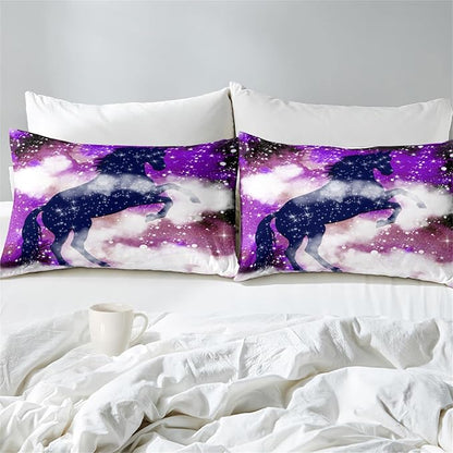 Horse Comforter Full Size Girls Full Bedding Set Purple Galaxy Bed Set Purple Starry Stars Soft Durable Quilt, 3 Piece Full Comforter Set 1 Full Comforter + 2 Pillowcases