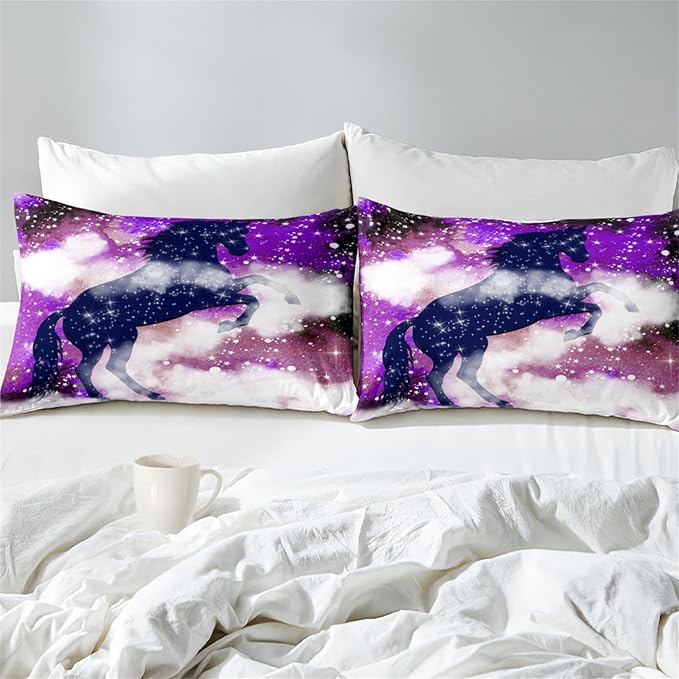 Horse Comforter Set for Girls, Queen Size Galaxy Horse Purple Bedding Set for Girl Modern Bed Set Sparkly Stars Quilt Bedroom Decor, 3 Piece Queen Comforter Set 1 Comforter + 2 Pillowcases