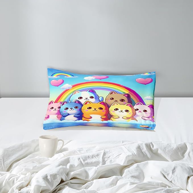 Rainbow Cat Comforter Twin Size - Rainbow Cat Bedding for Girls Room Cute Cartoon Rainbow Bedding Twin Comforter Sets for Kids, 1 Comforter+1 Pillowcase