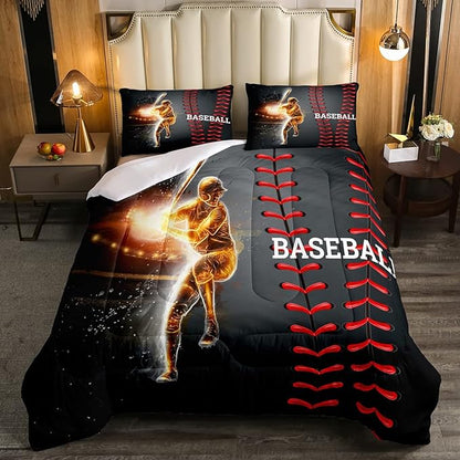 Erosebridal Baseball Bedding Set, Golden Athlete Comforter Set Full Size, Sports Games Down Comforter for Kids Boys Girls Bedroom, Glitter Outer Space Duvet Insert for Living Room
