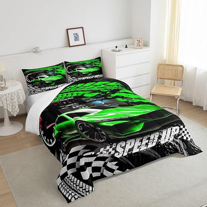 Feelyou Kids Boys Girls Race car Comforter Twin Size, Green Race Car Buffalo Plaid Comforter Set for Teens Toddler Sports Car Bedding Set Racing Car Duvet Set Room Decor Quilt Set Bedding Collection