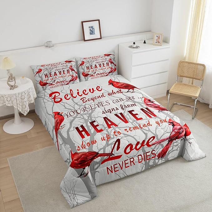 Cardinal Bird Comforter Set King Size Farmhouse Red Birds Bedding Set for Girls Boys Women Men Tree Branches Decor Comforter Nature Comforter with 2 Pillow Case