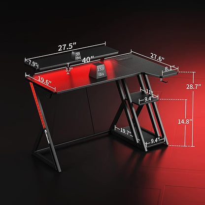 CubiCubi Aurora Gaming Desk with LED Lights & Power Outlets, 40 Inch L Shaped Carbon Fiber Surface Desk with Storage Shelves, Small Corner Computer Desk with Monitor Shelf, Gamer Desk PC Table, Black