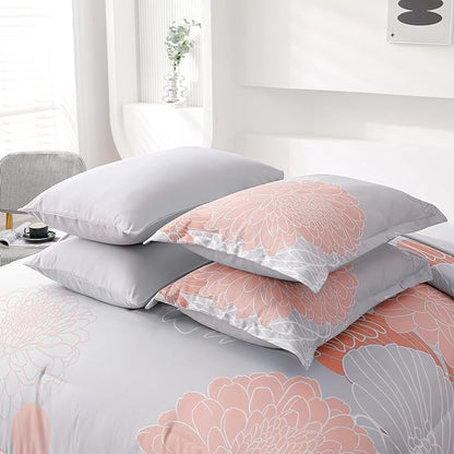 Yiran 7 Pieces Blush Grey Comforter Set Floral Bed in a Bag Soft Microfiber Comforter Bedding Set Queen Size 90"×90"(1 Comforter,2 Pillowcases,2 Pillow Shams,1 Flat Sheet,1 Fitted Sheet)