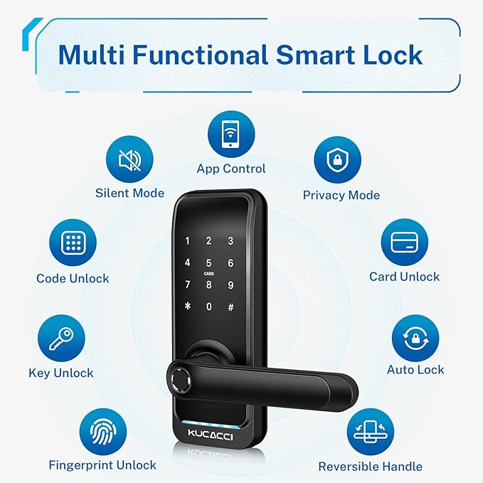 Smart Door Lock with Handle: Kucacci Keyless Entry Digital Door Lock for Front Door - Fingerprint Keypad Smart Dnob - Generate Passcode Remotely - App Control - Easy Installation(Black)