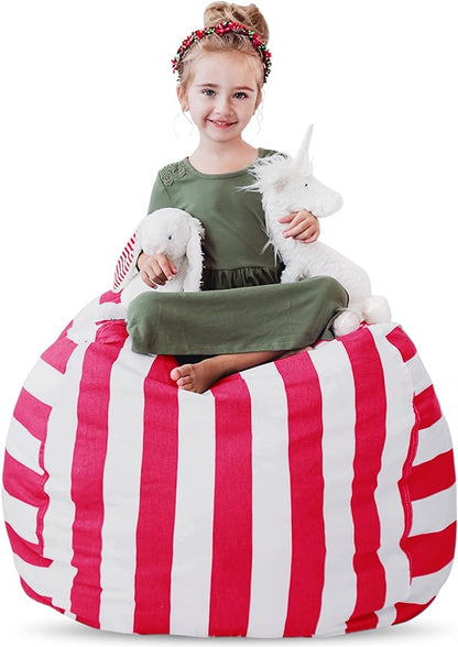 Creative QT Stuff ’n Sit Extra Large 38’’ Bean Bag Storage Cover for Stuffed Animals & Toys, Giant Beanbag Chair for Plush, Toddler & Kids Rooms Bedroom Organizer, Pink/White Stripe