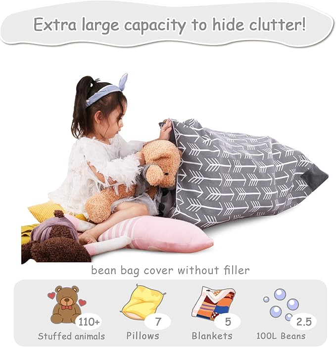 Jorbest Stuffed Animal Storage Bean Bag Chair for Kids and Adults, Stuffed Animal Bean Bag, Premium Canvas Stuffie Seat - COVER ONLY (Grey with White Arrows 200L/52 Gal)