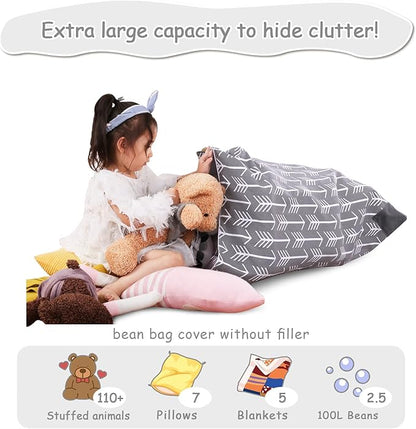 Jorbest Stuffed Animal Storage Bean Bag Chair for Kids and Adults, Stuffed Animal Bean Bag, Premium Canvas Stuffie Seat - COVER ONLY (Grey with White Arrows 200L/52 Gal)