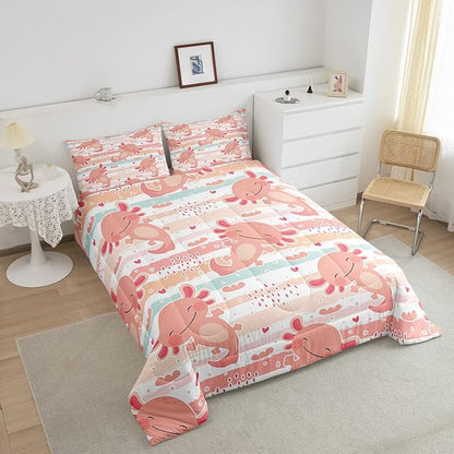 Cute Axolotl Comforter Set Twin Size Rainbow Stripes Quilt Set Animal Theme Bedding Comforters 2pcs for Kids Teens Room Decor,Pink Romantic Soft Duvet Set with 1 Pillowcase