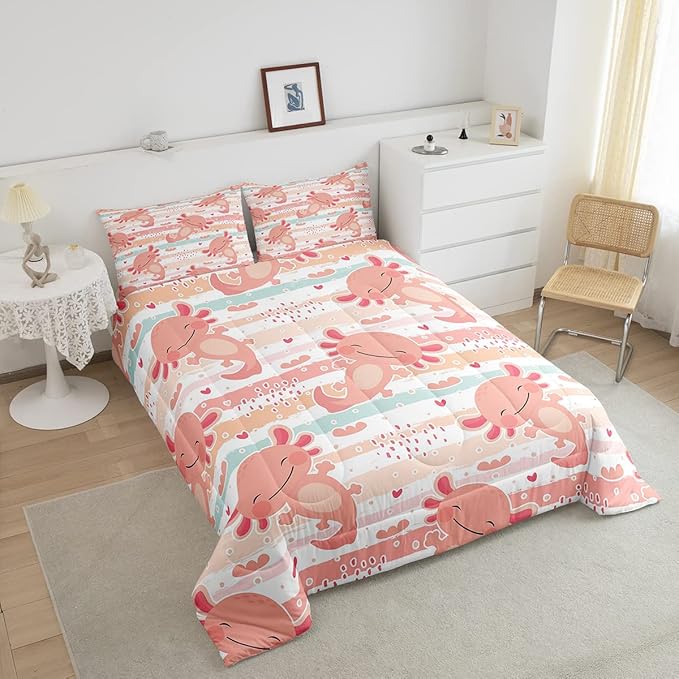 Cute Axolotl Comforter Set Queen Size Rainbow Stripes Quilt Set Animal Theme Bedding Comforters 3pcs for Kids Teens Room Decor,Pink Romantic Soft Duvet Set with 2 Pillowcases
