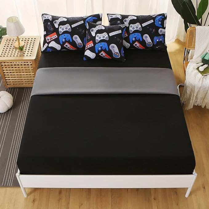 6Pcs Game Console Comforter Set with Sheets for Boys Girls Kids Teens, Gamepad Collection Themed Bed in A Bag Full Size, 3D Video Gamer Controller Bedroom Decor Bedding Set