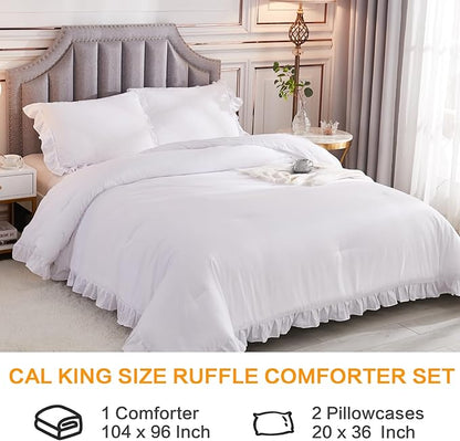 Andency White California King Comforter Set, 3 Pieces Shabby Chic Ruffle Solid Cal King Bedding Sets, Oversized All Season Soft Lightweight Down Alternative Bed Set for Adults Men Women
