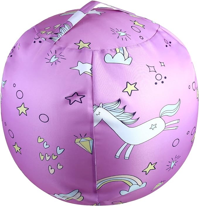Stuffed Animal Storage Bean Bag Chairs Toy Storage Organizer Bean Bags Chair Covers Only for Kids 24" Beanbag with Zipper for Organizing Kid's and Adults Room, Pink White Unicorn