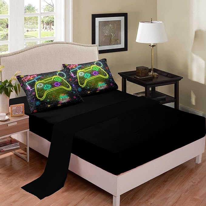 NINENINE Gaming Bedding 5PCS Queen Size Comforter Sets for Boys,Gamer Bedding Sets for Boys,Gampad Black Comforter Sheet Set(1Comforter, 1Flat Sheet, 1Fitted Sheet, 2Pillowcases)…