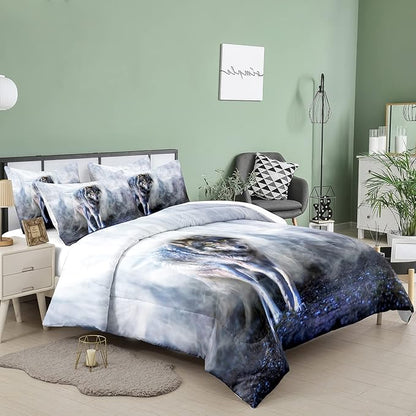 Bodhi Wild Wolf Comforter Set Twin for Boys,Mens Wolf Bedding Set, Wolf Standing in The Forest Surrounded by Fog, Wolf Comforter with Matching Pillowcases, 1 Comforter+1 Pillow Shams #4018