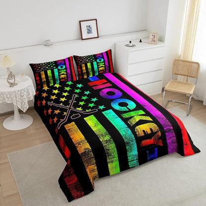 Erosebridal Boys Ice Hockey Bedding Set Twin Neon Rainbow American Flag Comforter Set for Kids Teen,Winter Sports Games Bed Comforter Set Retro Colorful Stripes Stars Quilt Duvet 1 Pillow Case Black