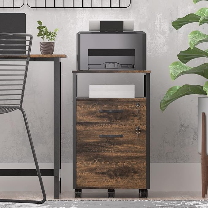 2 drawer file cabinet with lock, Wood Filing Cabinet for Home Office with Wheels and Open Shelf, Small Rolling Printer Stand and Under Desk File Cabinets for A4/Letter-Size Files-Brown