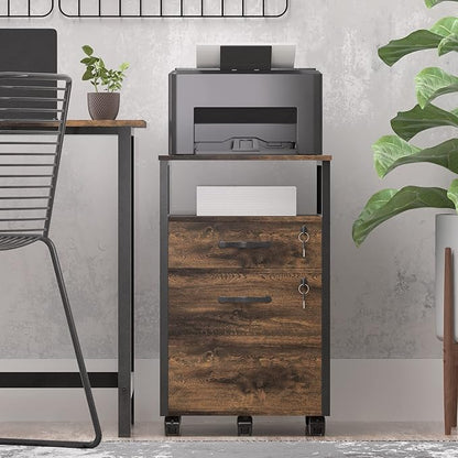 2 drawer file cabinet with lock, Wood Filing Cabinet for Home Office with Wheels and Open Shelf, Small Rolling Printer Stand and Under Desk File Cabinets for A4/Letter-Size Files-Brown