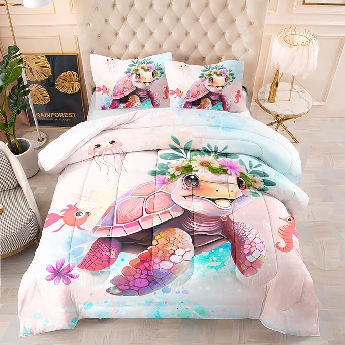 CVHOUSE Kawaii Sea Turtle Comforter Set Queen Size,Ocean Theme Bedding Set for Girls Kids,Tie Die Turtle Quilt Set Ocean Turtle Duvet Set Ocean Decor 3 Pieces