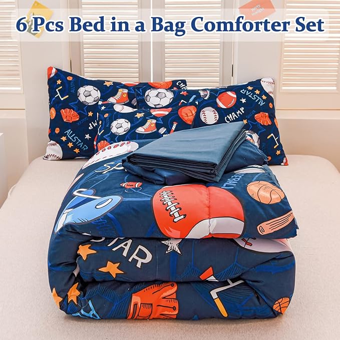 Sports Comforter Set with Sheet, 6 Pcs Bed in A Bag Twin Size Soccer Basketball Baseball Football Bedding Set for Boys Kids