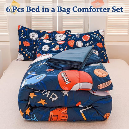 Sports Comforter Set with Sheet, 6 Pcs Bed in A Bag Twin Size Soccer Basketball Baseball Football Bedding Set for Boys Kids