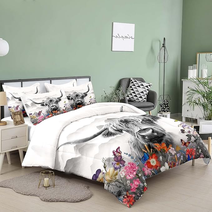 Tailor Shop Highland Cow Comforter Sets King Size,Highland Cow Bedding for Teens Kids Man,Cattle Western Bedding Wildlife Farmhouse Bull Mountain Flower Comforter with 2 Pillowcase