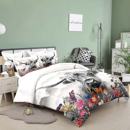 Tailor Shop Highland Cow Comforter Sets King Size,Highland Cow Bedding for Teens Kids Man,Cattle Western Bedding Wildlife Farmhouse Bull Mountain Flower Comforter with 2 Pillowcase