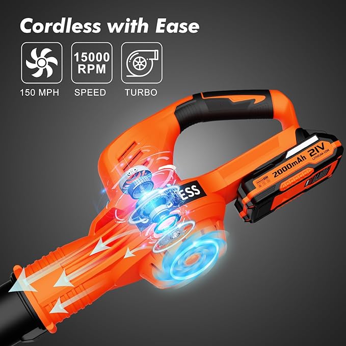 Leaf Blower Cordless - 21V Electric Cordless Leaf Blower with 2 Batteries and Charger, 2 Speed Mode, 2.0Ah Lightweight Battery Powered Leaf Blowers for Lawn Care, Patio, Blowing Leaves