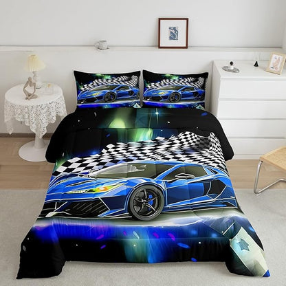Feelyou Blue Racing Car Comforter Set Queen Size, Fast and Furious Extreme Sport Games Bedding Sets for Kids Boys Teens,Sports Car Bed in A Bag,Cool Modern Duvet Insert with 2 Pillowcases
