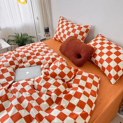 Wellboo Orange Plaid Comforter Sets King Size Women Girls Light Red Checkerboard Bedding Comforters Cotton Rust Caramel and White Checkered Geometric Quilts Adults Modern Buffalo Grid Abstract Bed
