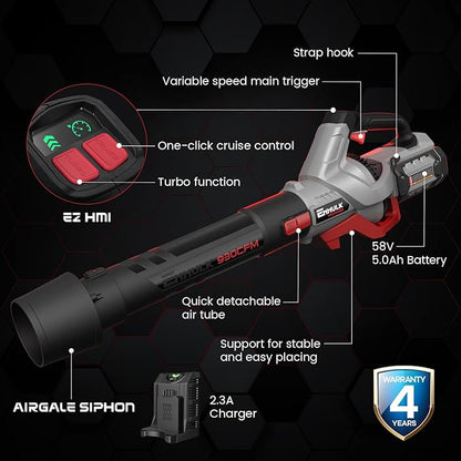 58V 930CFM Cordless Leaf Blower with 5.0AH Battery & Charger (LBL1493J)