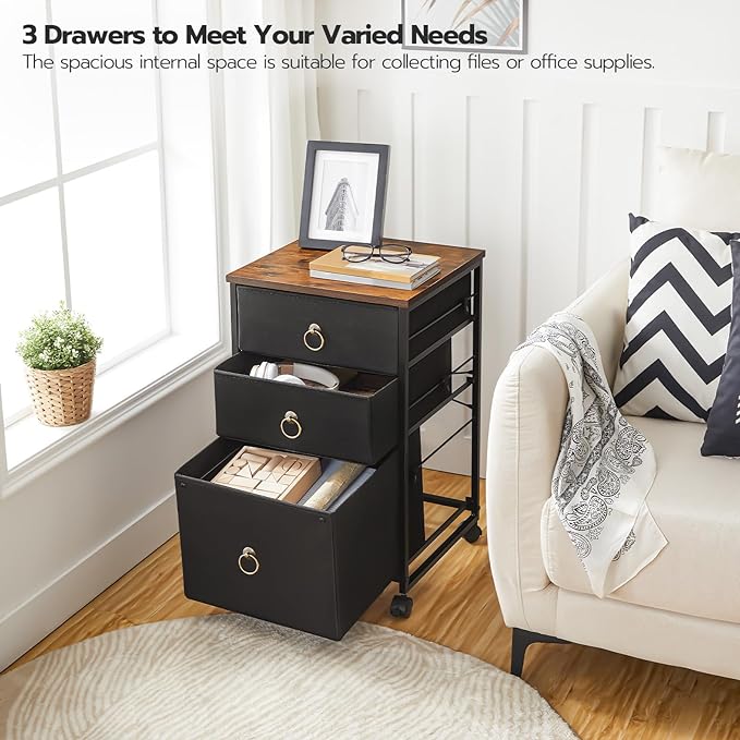 HOOBRO 3-Drawer Mobile File Cabinet, Vertical Filing Cabinet, Office Cabinet, Filing Cabinet for Home Office, Rolling Printer Stand, A4/Letter-Sized, Nonwovens Drawer, Rustic Brown and Black BFK30WJ01