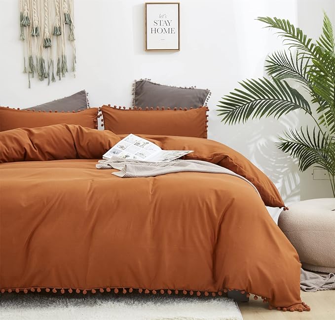 Pumpkin Comforter Set Full Burnt Orange Pom Comforter 3 Pieces Pumpkin Color Boho Ball Pom Fringe Full Comforter Bedding Set Women Solid Pumpkin Full Bed Comforter Set All Season Gift