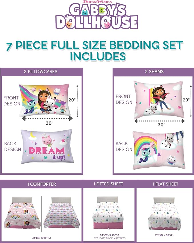 Franco Gabby's Dollhouse Kids Bedding Super Soft Comforter and Sheet Set with Sham, 7 Piece Full Size, (Officially Licensed Product)