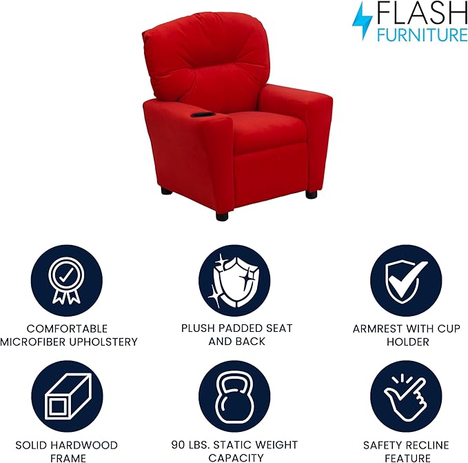 Flash Furniture Chandler Microfiber Kids Recliner with Cup Holder and Safety Recline, Contemporary Reclining Chair for Kids, Supports up to 90 lbs., Red